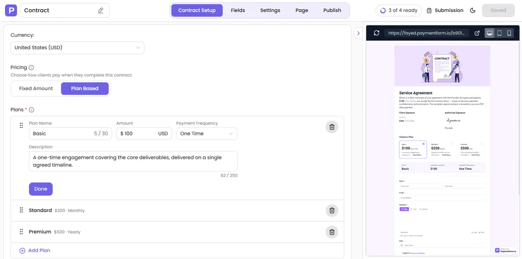 The Contract module follows a different workflow. Instead of only collecting payment details, it combines agreement creation, pricing options, signatures, and payment collection in one process. Users can create contracts, collect signatures, and generate a signed PDF document.