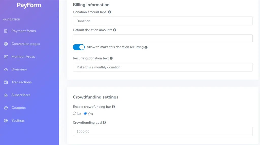 Now, go back to the Payment forms dashboard and click “Donation form.” In our test, the Donation and Fundraising builders were identical, word for word. Both offered preset donation amounts, a one-time or monthly option, and an optional crowdfunding goal bar. So, in practice, PayForm.me has three form types but only two distinct builder setups.