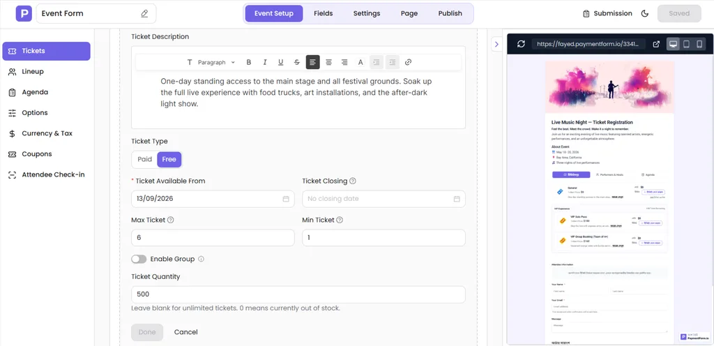 If you select the Event Ticket module, the builder is already prepared for ticket selling. You can configure ticket types, quantities, attendee information, ticket availability, and check-in options. After purchase, customers can receive QR-coded tickets that organizers can use for event entry.