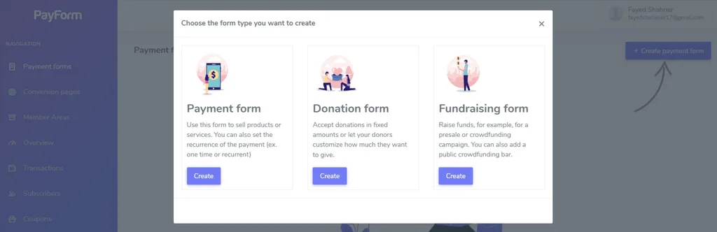 A setup window appears where you can choose the type of form you want to create, such as Payment, Donation, or Fundraising. The process is simple, and you can start building the form from there.