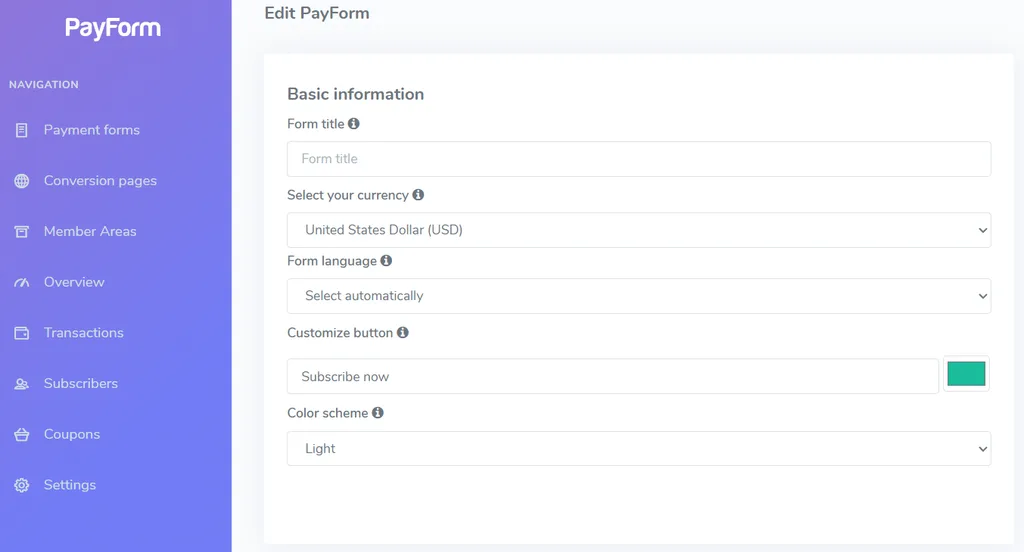 After selecting “Payment form,” the builder opens as a single page. First, you fill in Basic information (title, currency, language, button text and color, and a light or dark theme).