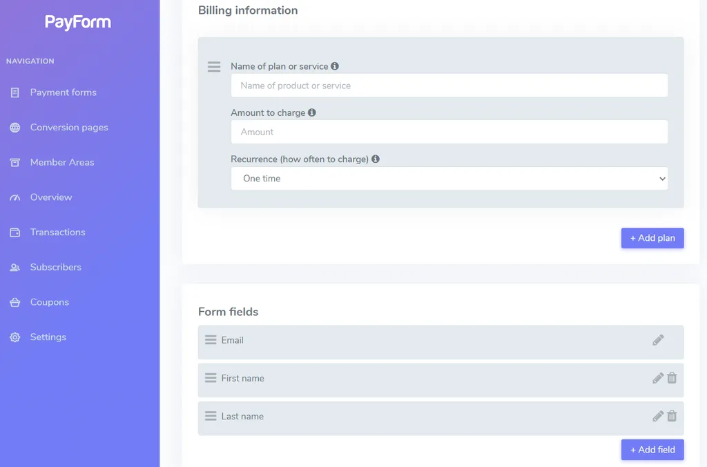 Then you add Billing information (plan name, amount, recurrence) and Form fields. An "Advanced options" toggle at the bottom opens Success and Fail URLs, a POST or GET setting for return data, a custom domain option, webhook endpoints, and a TOS checkbox. That’s the complete setup for a Payment form.