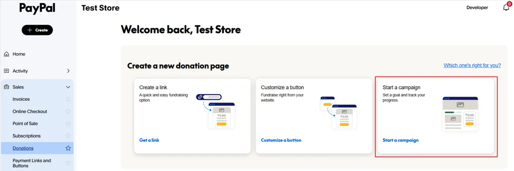 Choose the "Start a Campaign" Option to create a fundraising campaign with goal