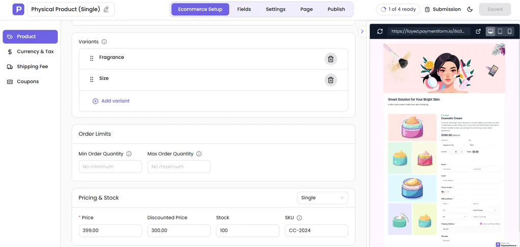 When selecting E-commerce, you can choose between physical and digital product workflows. The physical product setup includes product-related options such as product images, variations, stock management, pricing, SKU, shipping, tax, and other e-commerce settings.