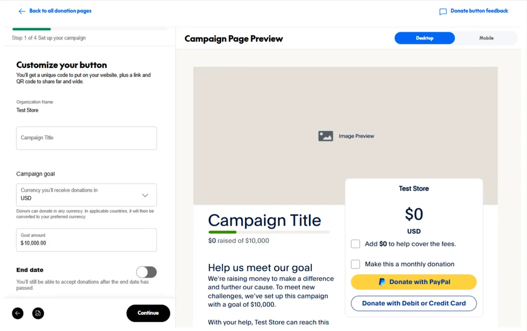 set up your campaign with currency and goal amount