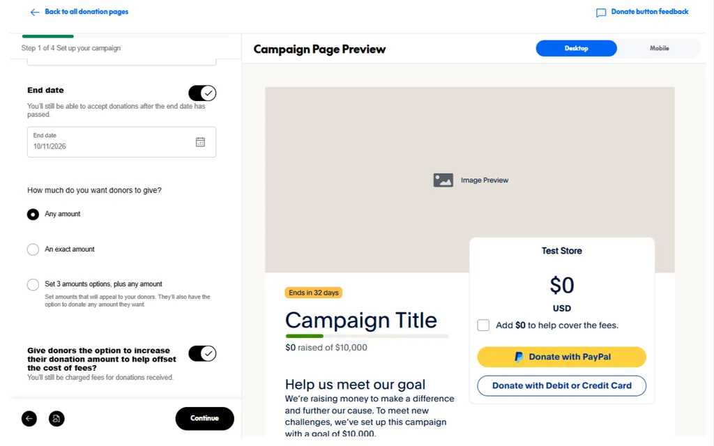 configure donation amounts and fee-cover option