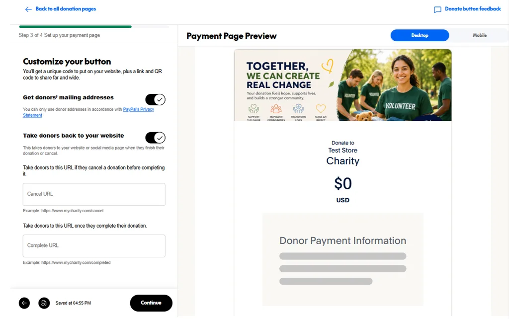 Set up your payment page with mailing address and website url